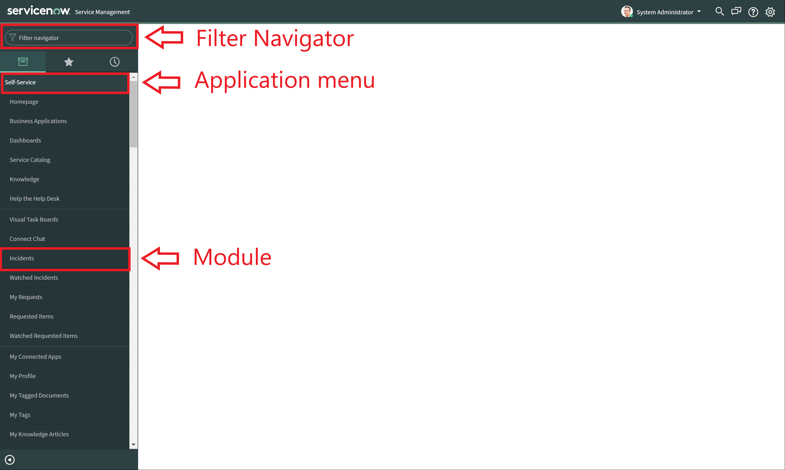 ServiceNow の Application Navigator 画面例。左側にアプリケーションメニューとモジュールが表示されている。