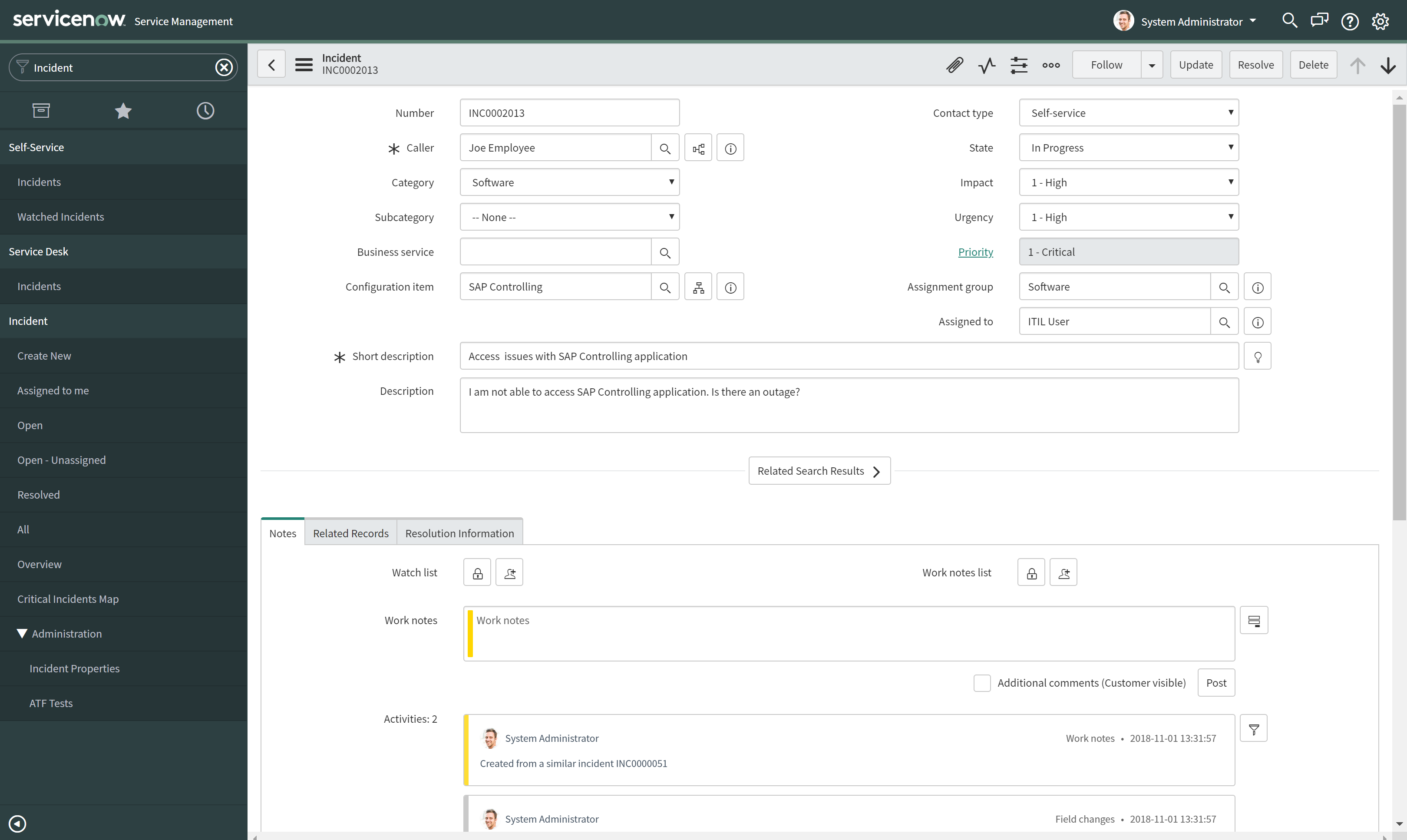 ServiceNow の form view 画面例。単一レコードの詳細フィールドが表示されている。