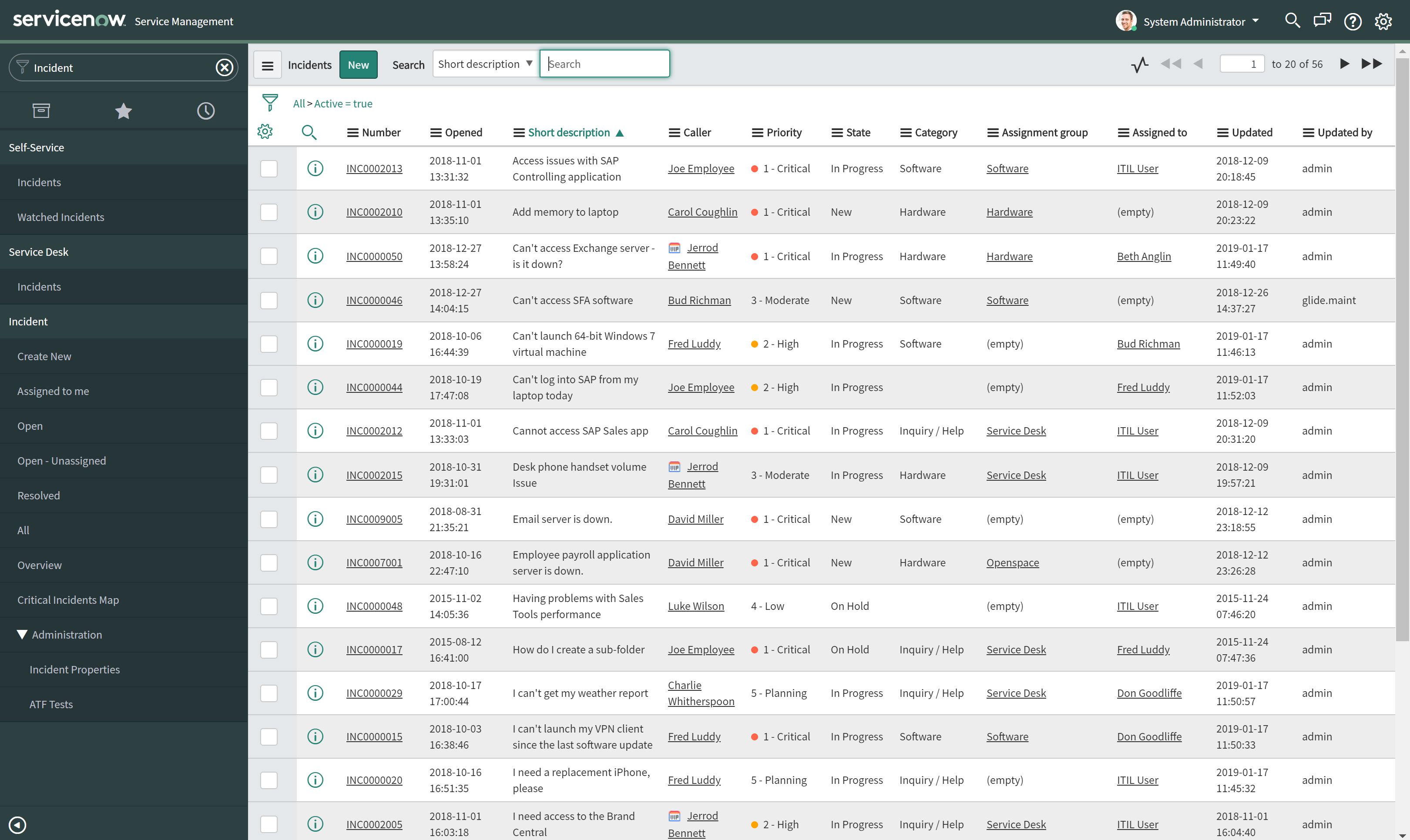 ServiceNow の list view 画面例。複数レコードが表形式で並んでいる。