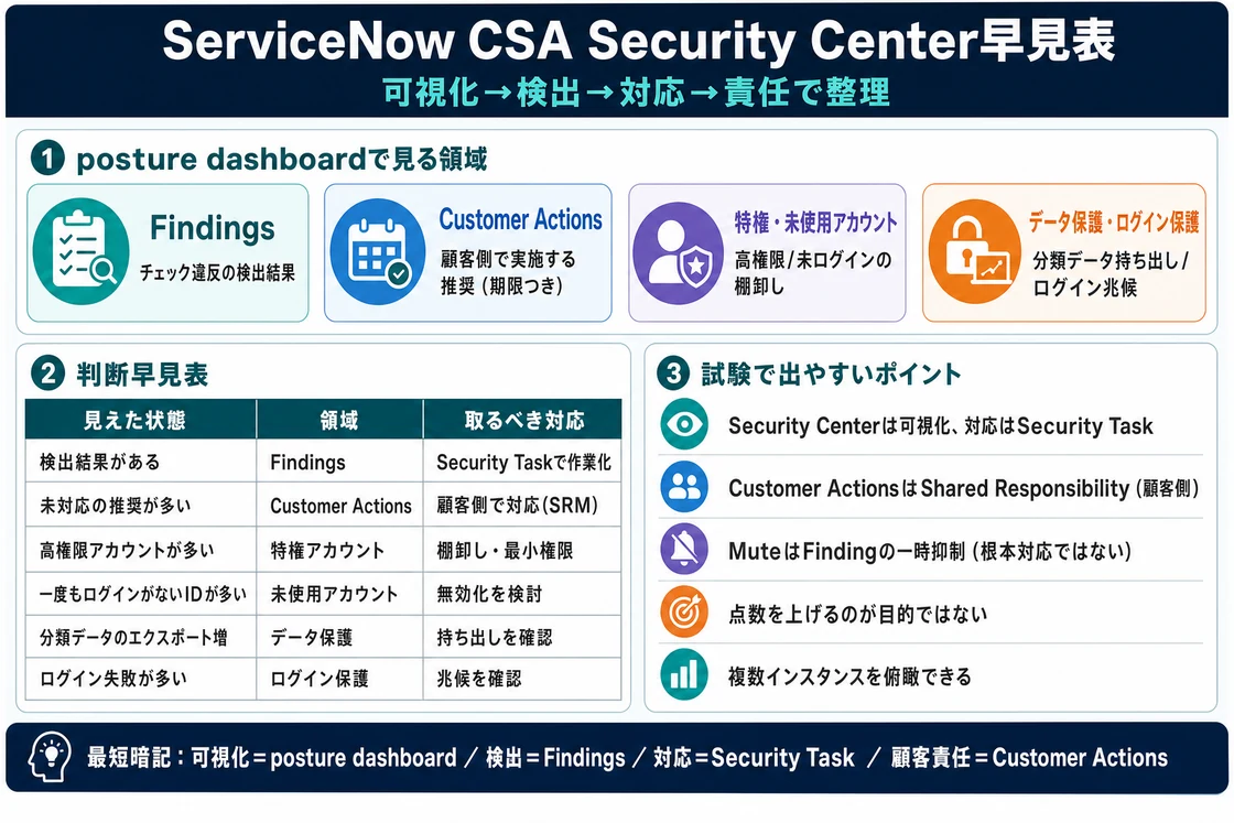 ServiceNow CSA Security Center早見表：可視化=posture dashboard・検出=Findings・対応=Security Task・顧客責任=Customer Actions