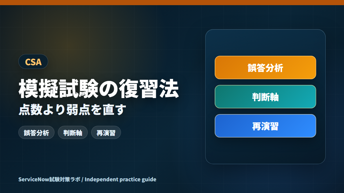 ServiceNow CSA模擬試験の復習法として誤答分析と弱点改善を整理したアイキャッチ画像