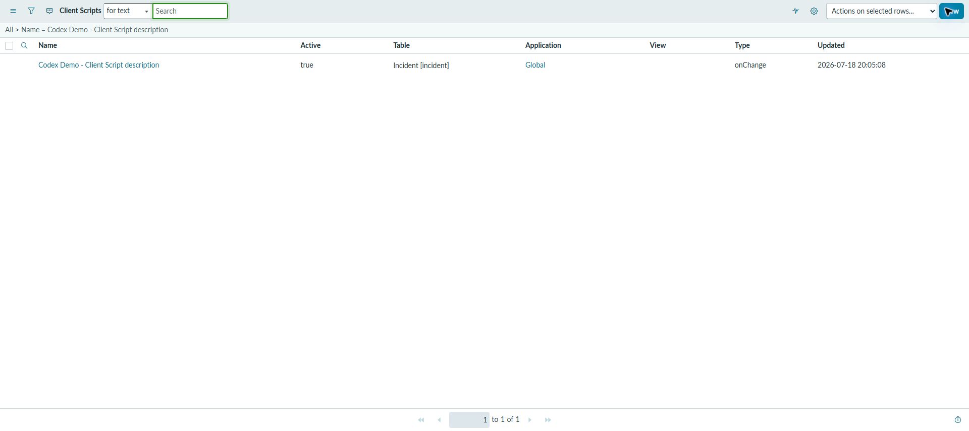 ServiceNow PDIのClient Scripts一覧に検証用レコードが保存されている