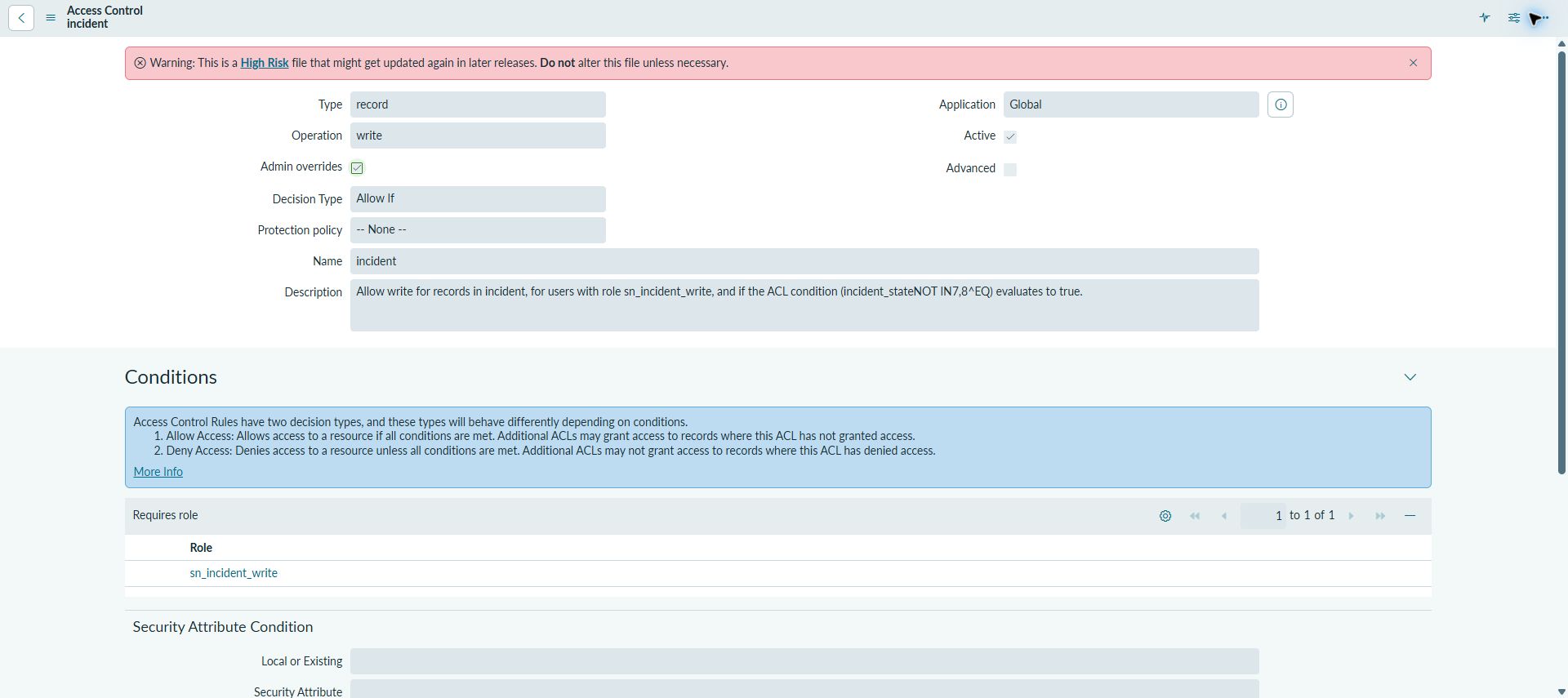 ServiceNow PDIのIncident write ACL詳細。Requires roleとConditionを確認できる