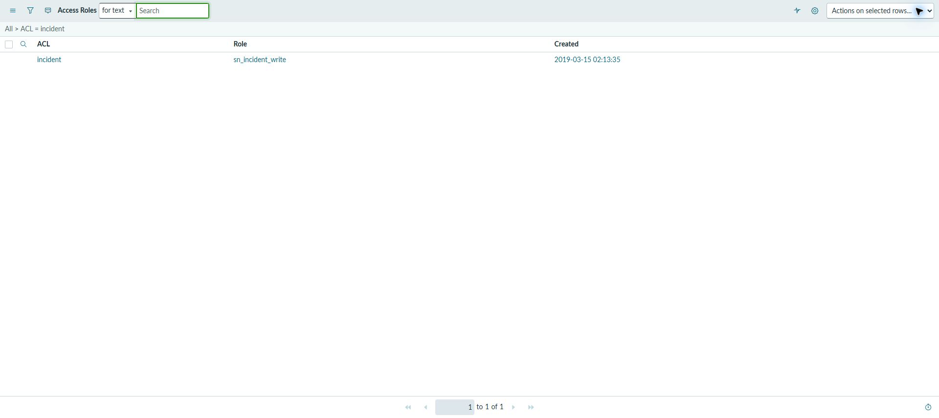 ServiceNow PDIのsys_security_acl_role一覧。Incident ACLとsn_incident_write Roleの関連