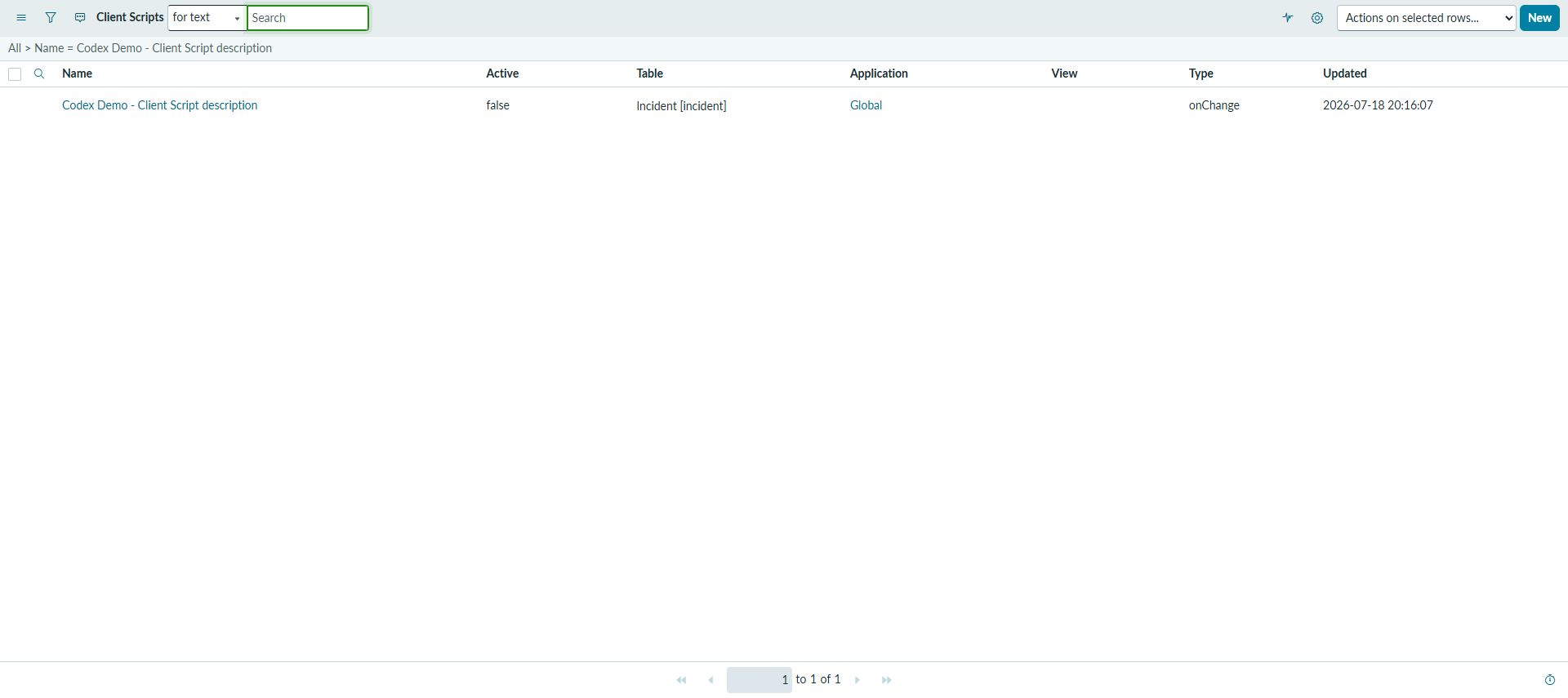 ServiceNow PDIのClient Scripts一覧で検証用Client ScriptがActive false