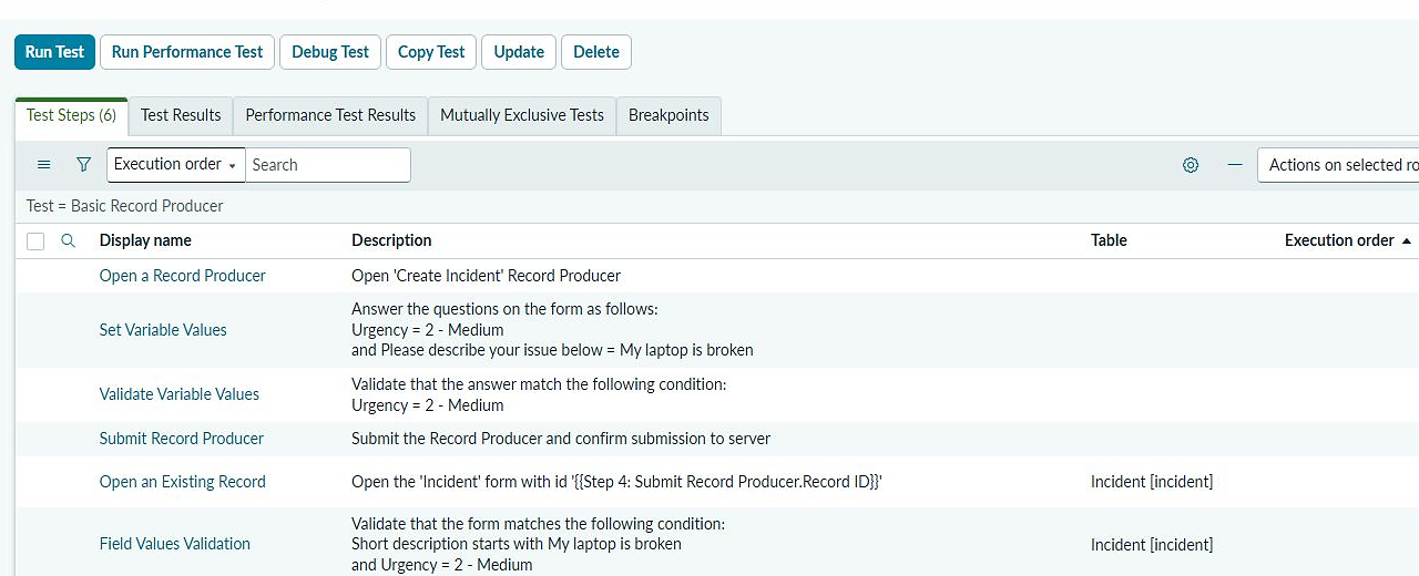 ServiceNow PDIのATFでRecord Producerを開き変数設定・送信・レコード検証まで並べた6つのテストステップ