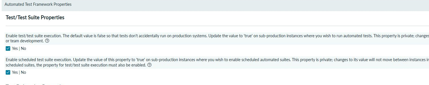 ServiceNow PDIのAutomated Test Framework Propertiesでテスト実行とスケジュール実行を有効にした画面