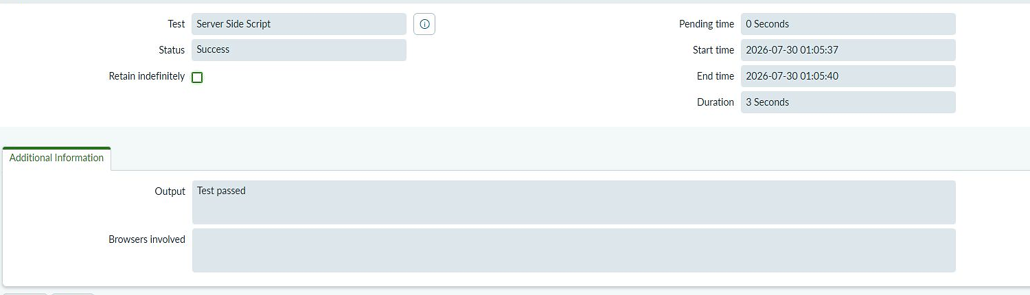 ServiceNow PDIのATFでServer Side Scriptテストが3秒でSuccessになったテスト結果画面