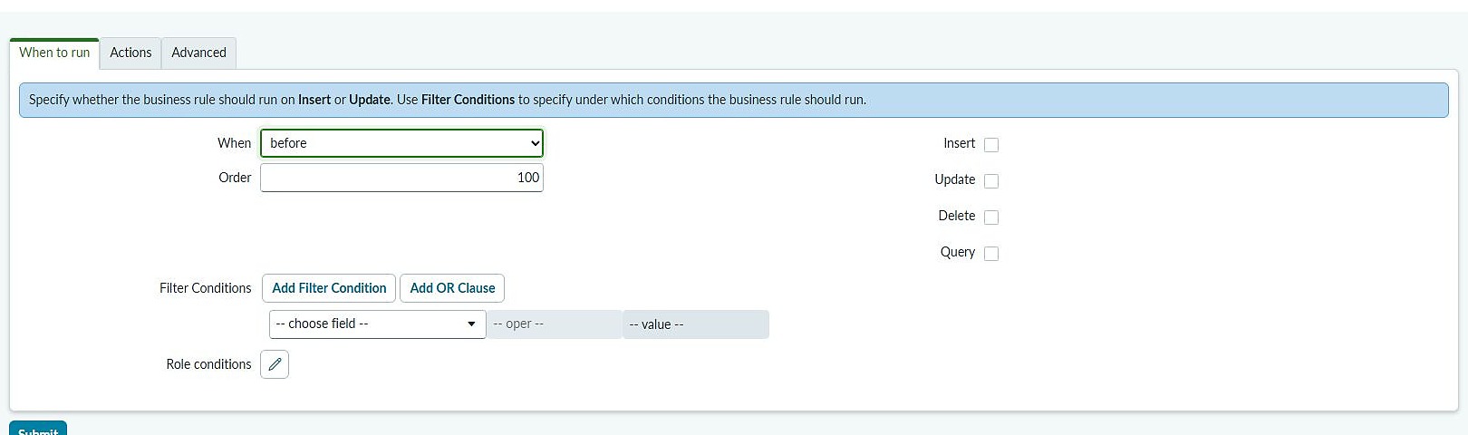 PDIのBusiness RuleフォームでWhen to runを確認する画面