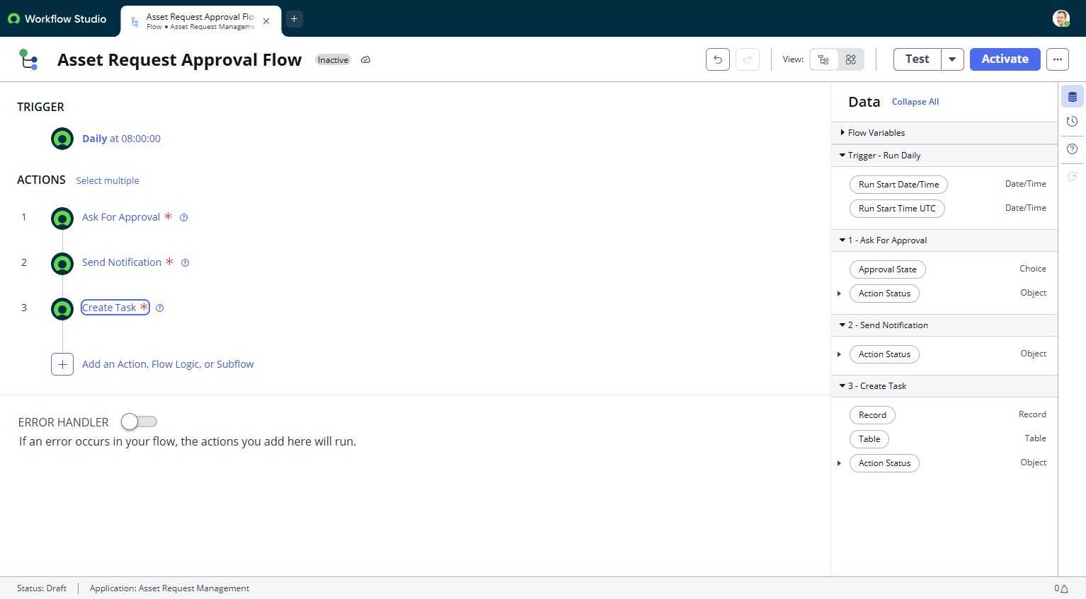 Flow Designerで承認・通知・タスク作成の3アクションを組んだフローの実画面