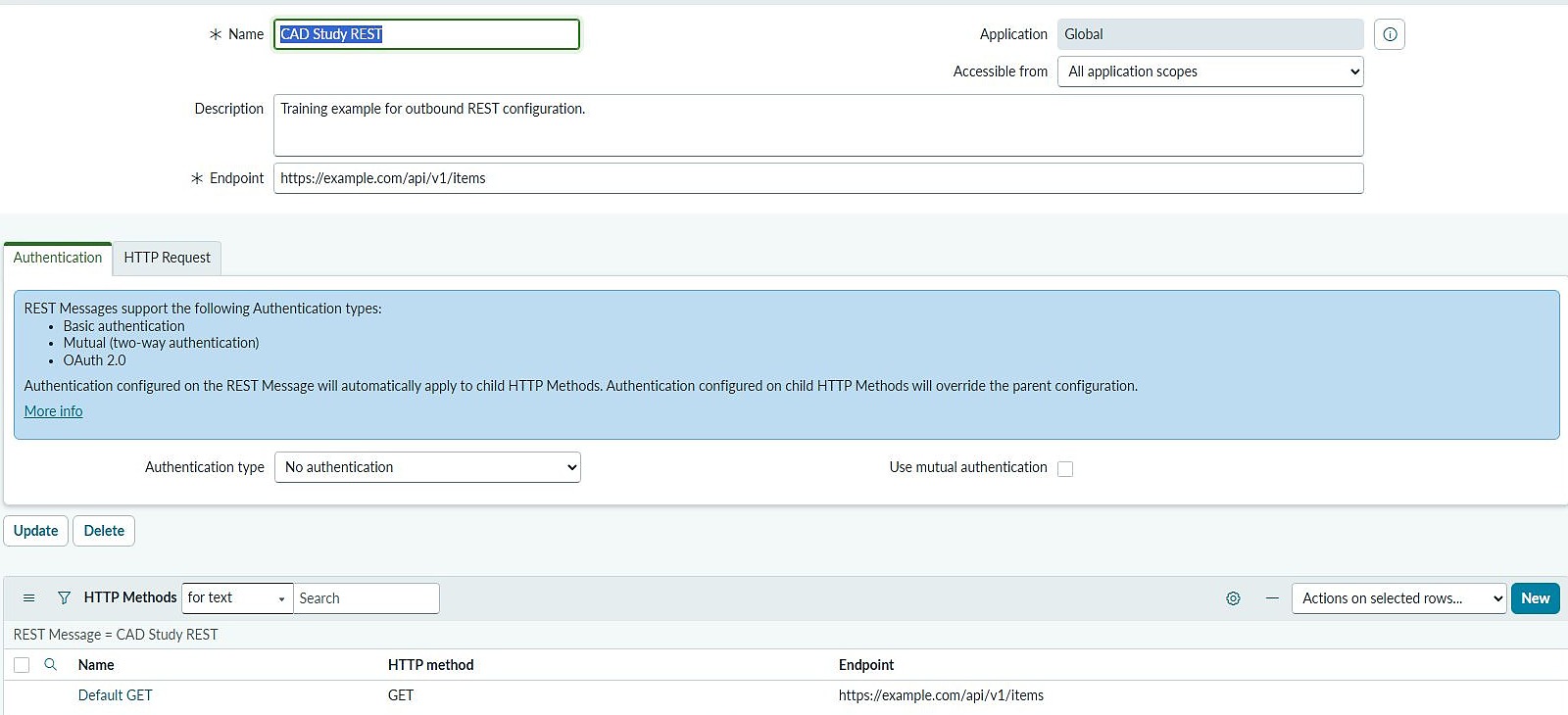 PDIのOutbound REST MessageでEndpoint、GETメソッド、認証を確認する画面