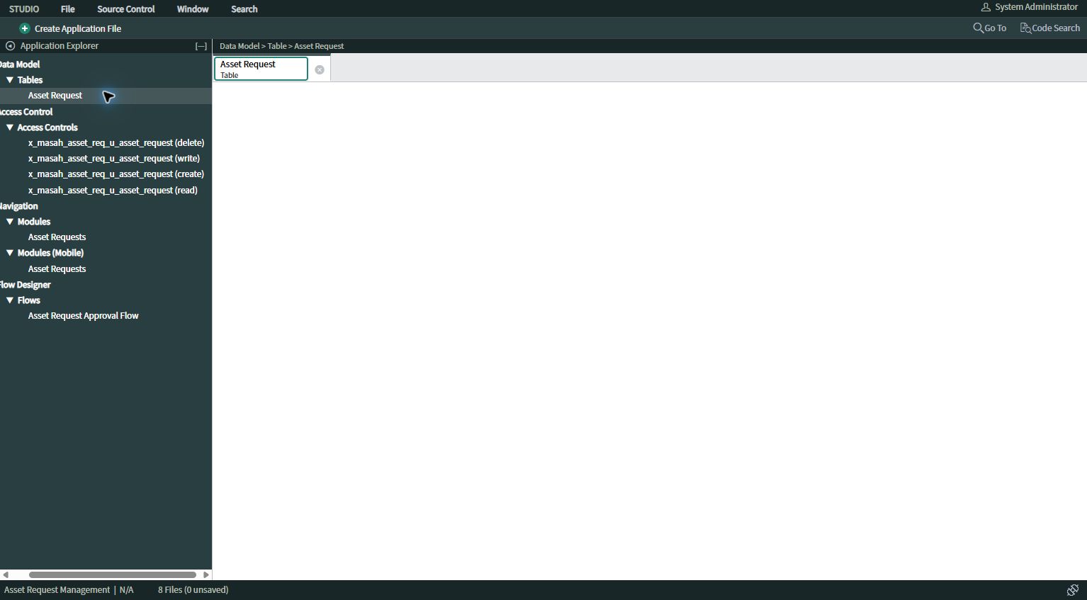 ServiceNow Studioでスコープドアプリ内にAsset Requestテーブルを作成した実画面