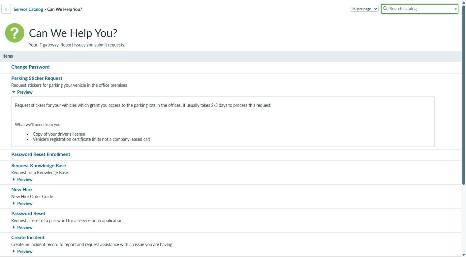 ServiceNowのService Catalogカテゴリ画面。Record ProducerのCreate IncidentとCatalog Itemが同じ見た目で並ぶ実画面