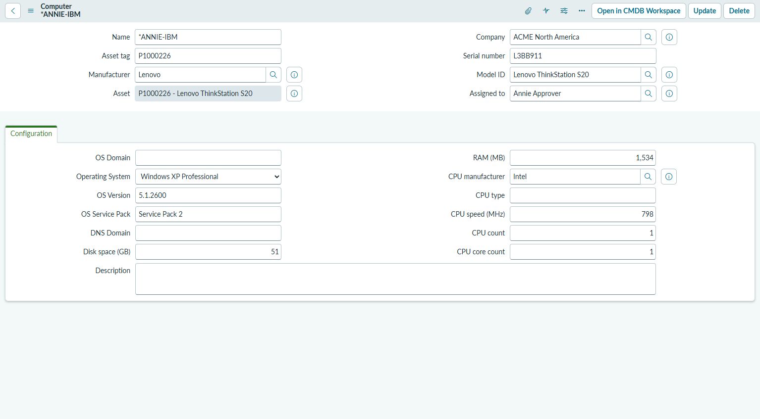 ServiceNowのComputer CIフォーム。OS等の構成情報とAsset参照欄が見える実画面