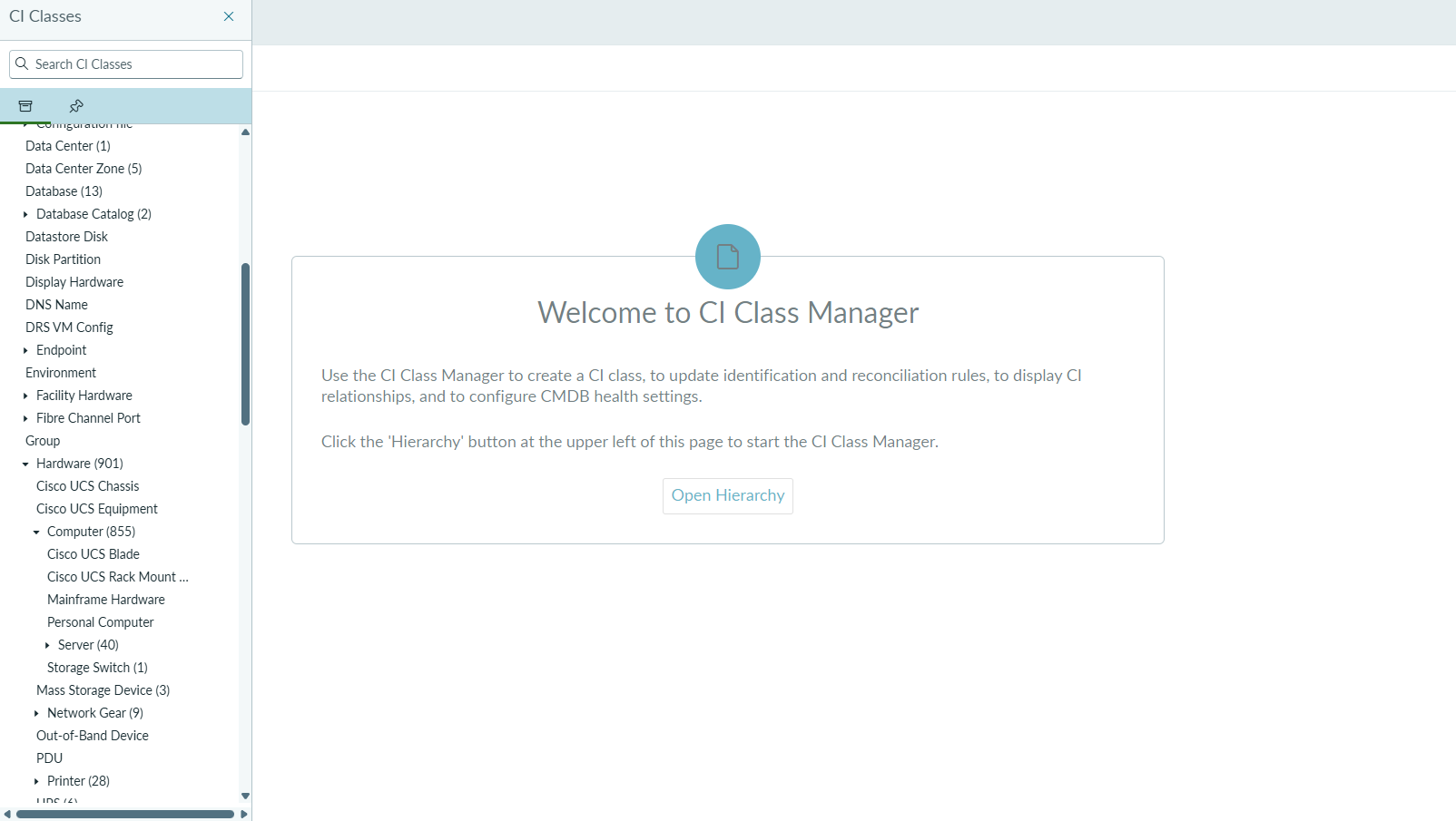 ServiceNowのCI Class Manager。cmdb_ci配下のHardware→Computer階層を展開しCisco UCS BladeやServer等の子クラスが見える実画面