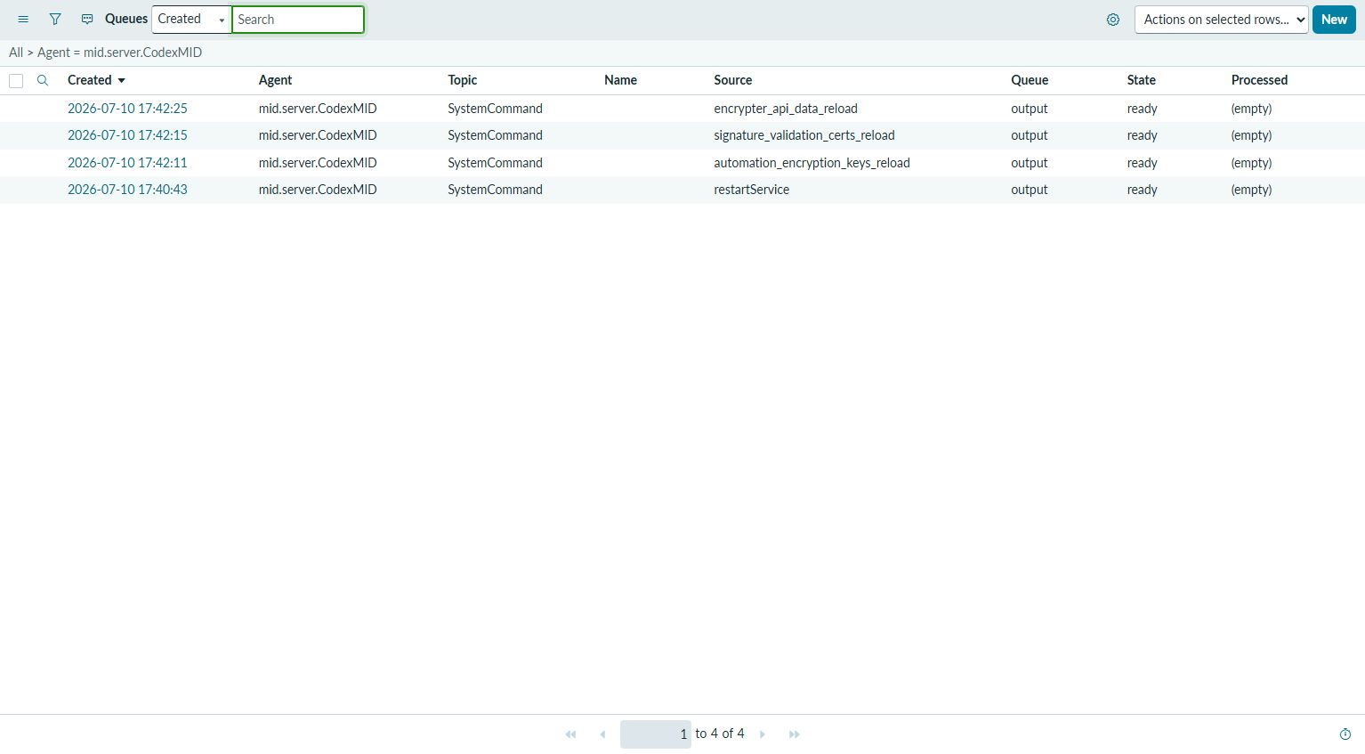 ECC QueueにMID Server宛のoutputレコードがreadyで並んだServiceNow実画面