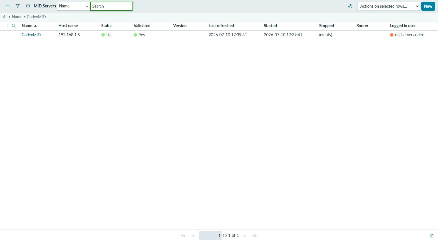 ローカルPCに設置したMID ServerがPDIに接続されStatus Up・Validated Yesになった実画面