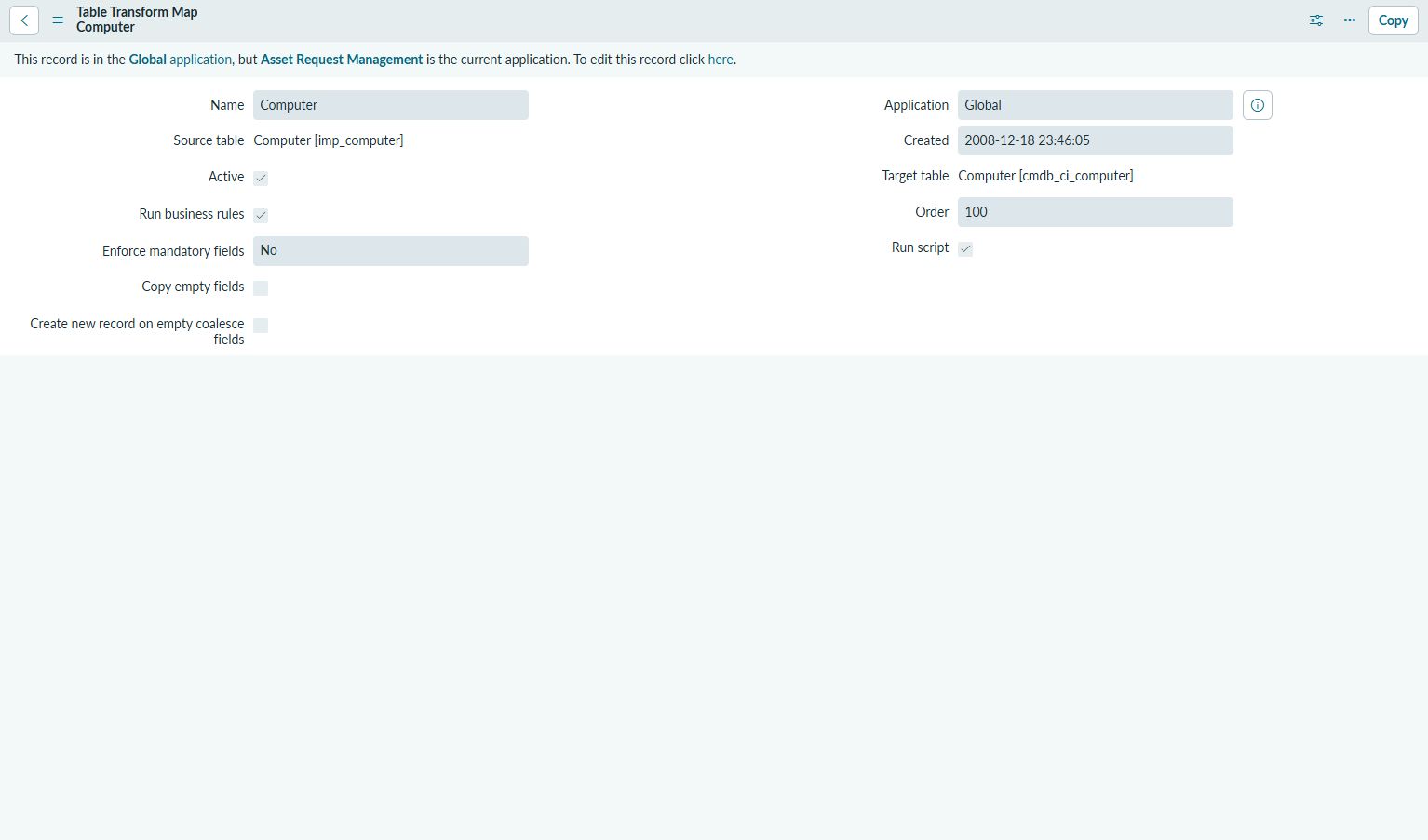 ServiceNowのTransform Map。Source table imp_computerからTarget table cmdb_ci_computerへの変換設定の実画面
