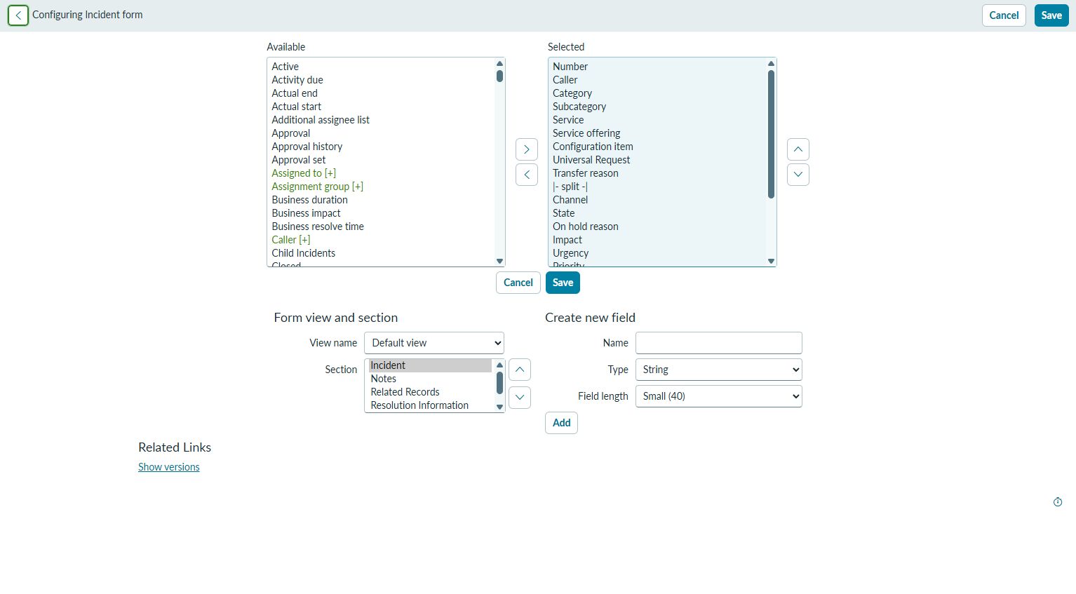 ServiceNowのForm Layout編集画面（Configuring Incident form）の実画面