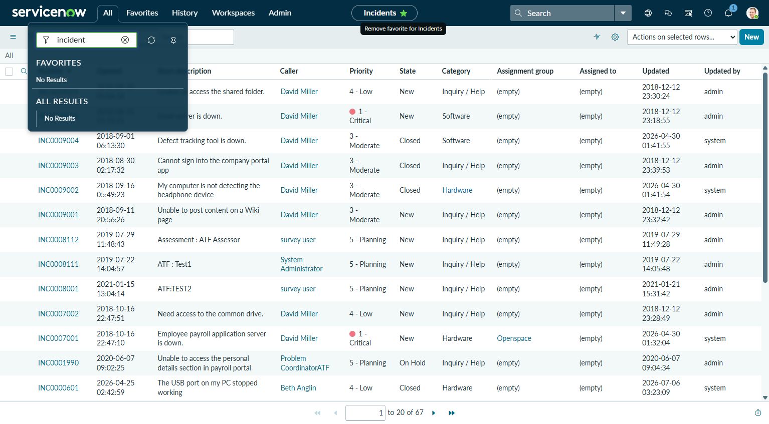 ServiceNowのApplication Navigatorでincidentと入力して絞り込み、Incidentsをお気に入り登録した実画面