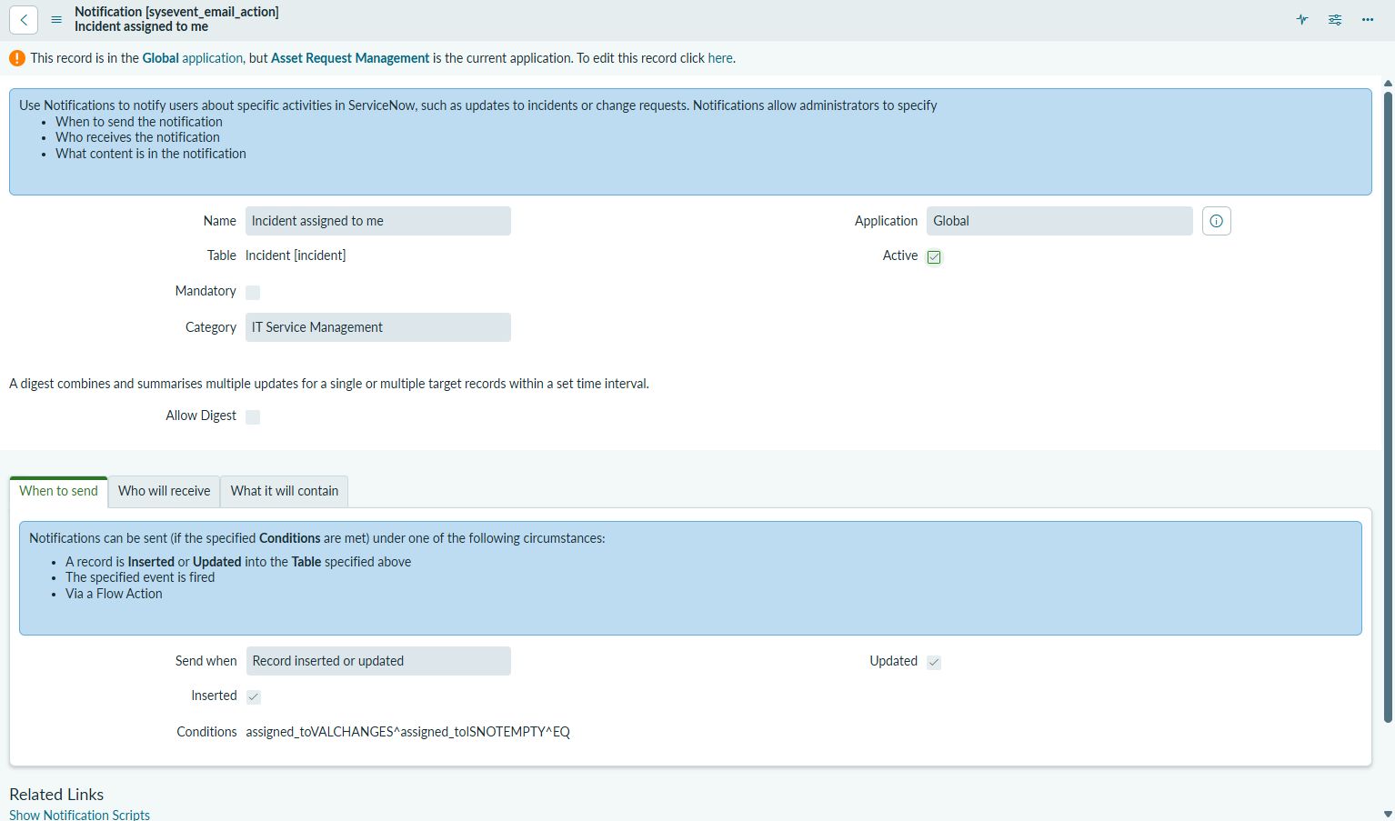 ServiceNowのNotification設定。When to send・Who will receive・What it will containの3タブが見える実画面