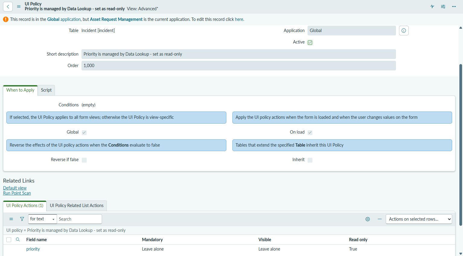 ServiceNowのUI Policy設定画面。IncidentテーブルのUI Policy Actionsでpriorityを読み取り専用にしている実画面
