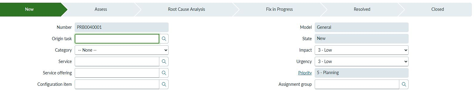ServiceNow PDIのProblemフォームでNew、Assess、Root Cause Analysis、Fix in Progress、Resolved、Closedの状態遷移を確認する画面