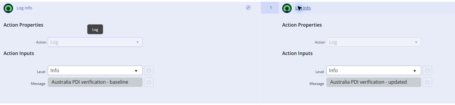 AustraliaのFlow history比較でbaselineとupdatedのMessageを左右に表示した実画面