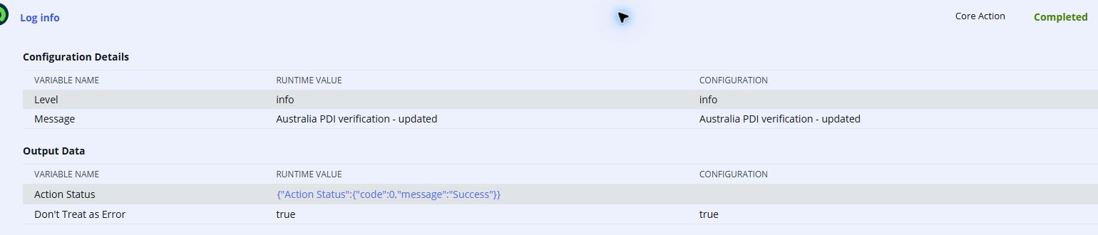 フローの実行結果がCompletedで、updatedの実行時メッセージとSuccessを表示するPDI画面